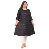 Black capsule floral print A-line kurti for office wear, 3/4th sleeve with round buttons